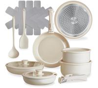 tectake® Juego de Cocina 16 Piezas Apto para Inducción, Incluye 2 Ollas Cocina Grandes, 3 Sartenes, Todo con Recubrimiento Cerámico Antiadherente y con Asas Extraíbles, Cocinas Completas - Blanco