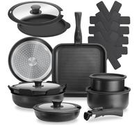 tectake® Juego de Cocina 17 Piezas, Sartenes Antiadherentes, Ollas Cocina Aptas para Inducción, Juego Sartenes con Asas Desmontables, Olla, Cacerola, Sarten - Negro
