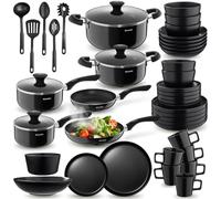 tectake Juego de cocina 45 piezas, servicio de mesa para 6 personas y utensilios de cocina, estufas, sartenes, platos planos, platos hondos, cuencos, tazas, cucharón, espátula, vajilla de gres