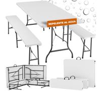 TecTake® Juego de Mesa Plegable de 3 Piezas, Set Mesa Camping con 2X Bancos, Mesa Jardín Exterior, Estructura de Acero, Topes en Patas, Fácil Montaje, Ideal Acampadas, Jardín, Terraza, Picnic -Blanco