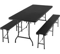 TecTake® Juego de Mesa Plegable de 3 Piezas, Set Mesa Camping con 2X Bancos, Mesa Jardín Exterior, Estructura de Acero, Topes en Patas, Fácil Montaje, Ideal Acampadas, Jardín, Terraza, Picnic - Negro
