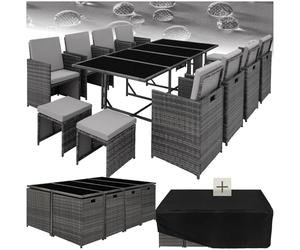 tectake® Juego de Muebles de Jardín en Ratán, Conjunto Comedor para Jardín Exterior, 8 Sillas, 4 Taburetes, 1 Mesa, Set de Muebles de Mimbre para Terraza o Patio, con Cojines y Fundas- Gris Claro