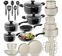 tectake® Juego de Vajilla Completa, Vajillas Completas Modernas, Platos Vajilla, Cuencos Cocina, Tazones Desayuno, Tazas Cafe, Ollas Aluminio Inoxidable - 45 Piezas Negro/Gris Topo