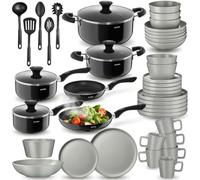 tectake® Juego de Vajilla Completa, Vajillas Completas Modernas, Platos Vajilla, Cuencos Cocina, Tazones Desayuno, Tazas Cafe, Ollas Aluminio Inoxidable - 45 Piezas Gris/Negro