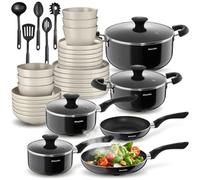 tectake® Juego de Vajilla Completa, Vajillas Completas Modernas, Platos Vajilla, Cuencos Cocina, Tazones Desayuno, Ollas Aluminio Inoxidable - 24 Piezas Negro/Gris Topo