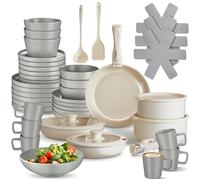 tectake® Juego de Vajilla Completa y Batería de Cocina, Ollas Cocina y Sartenes Antiadherentes con Mangos Desmontables, Vajilla Moderna, Platos Ceramica, Tazas de Cafe - 46 Piezas Gris/Blanco