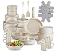 tectake® Juego de Vajilla Completa y Batería de Cocina, Ollas Cocina y Sartenes Antiadherentes con Mangos Desmontables, Vajilla Moderna, Platos Ceramica, Tazas de Cafe - 46 Piezas Gris Topo/Blanco