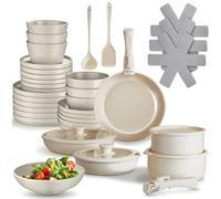 tectake® Juego de Vajilla Completa y Batería de Cocina, Ollas Cocina y Sartenes Antiadherentes con Mangos Desmontables, Vajilla Moderna, Platos Ceramica - 40 Piezas Gris Topo/Blanco