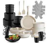 tectake® Juego de Vajilla Completa y Batería de Cocina, Ollas Cocina y Sartenes Antiadherentes con Mangos Desmontables, Vajilla Moderna, Platos Ceramica, Tazas de Cafe - 46 Piezas Negro/Blanco