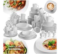 TecTake® Juego de Vajilla de Porcelana, 100 Piezas para 12 Personas, Apta para Lavavajillas y Microondas, Platos y Cuencos Apilables, Resistente a Arañazos, Vajilla Completa Ideal para Cocina Moderna