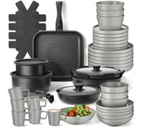 tectake® Juego de Vajilla para Cocina, Vajilla Ceramica para 6 personas, Apto Microondas y Lavavajillas, Juego de Ollas y Sartenes Antiadherentes, Apto Inducción - 30 Piezas Gris/Negro