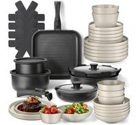 tectake® Juego de Vajilla para Cocina, Vajilla Ceramica para 6 personas, Apto Microondas y Lavavajillas, Juego de Ollas y Sartenes Antiadherentes, Apto Inducción - 24 Piezas Negro/Gris Topo