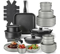 tectake® Juego de Vajilla para Cocina, Vajilla Ceramica para 6 personas, Apto Microondas y Lavavajillas, Juego de Ollas y Sartenes Antiadherentes, Apto Inducción - 24 Piezas Gris/Negro