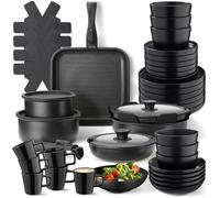 tectake® Juego de Vajilla para Cocina, Vajilla Ceramica para 6 personas, Apto Microondas y Lavavajillas, Juego de Ollas y Sartenes Antiadherentes, Apto Inducción - 30 Piezas Negro