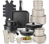 tectake® Juego de Vajilla para Cocina, Vajilla Ceramica para 6 personas, Apto Microondas y Lavavajillas, Juego de Ollas y Sartenes Antiadherentes, Apto Inducción - 30 Piezas Negro/Gris Topo