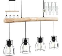 TecTake® Lámpara colgante con 4 luces, estilo industrial moderno, con viga de madera rústica y rejilla de acero, suspensión ajustable, lámpara de techo ideal para salón, comedor, dormitorio o pasillo