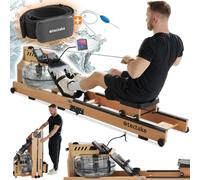 tectake® Maquina de Remo de Madera, Gran Depósito de 16L, Asiento Ergonómico, Pedales Ajustables, Ordenador de Entrenamiento con Bluetooth, Gimnasio en Casa, Ejercicio en Casa - Madera de Haya