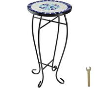 tectake® Mesa Auxiliar Redonda, Mesa Jardin Exterior, Taburete Pequeño, Acero, Mosaico y Cemento, Mesita Auxiliar con Tablero Macizo, Patio, Terraza - 30 x 30 x 61,5 cm Blanco/Azul