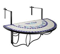 tectake® Mesa Auxiliar Redonda, Mesa Jardin Exterior, Taburete Pequeño, Acero, Mosaico y Cemento, Mesita Auxiliar con Tablero Macizo, Patio, Terraza - 75 x 65 x 62 cm Blanco/Azul