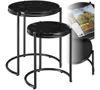 TecTake® Mesa Auxiliar Redonda, Mesita Centro Ovalada, Tapa de Mármol, Estructura Acero, Mesas Redondas Pequeñas, Mesita Auxiliar Comedor, Mesas Bajas, Decoración Mesa Salón - Set de 2 Negro/Negro