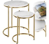 TecTake® Mesa Auxiliar Redonda, Mesita Centro Ovalada, Tapa de Mármol, Estructura Acero, Mesas Redondas Pequeñas, Mesita Auxiliar Comedor, Mesas Bajas, Decoración Mesa Salón - Set de 2 Blanco/Dorado