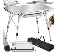 TecTake® Mesa Camping Plegable con Altura Ajustable, Mesa Auxiliar de Aluminio con Topes, Mesa Exterior para Jardín, Terraza, Picnic, con Red de Almacenamiento y Bolsa de Transporte, 90x52x70 - Plata