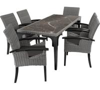 Tectake Mesa de bar de ratán con 6 sillas y estructura de madera gris