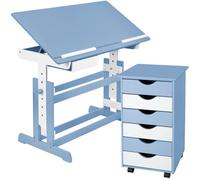tectake® Mesa Escritorio Elevable con Cajonera de 6 Cajones, con Tablero Inclinable y Ajustable en 7 Alturas, Cajonera Escritorio para Oficina, Muebles, Mesa Infantil - 109 x 55 x 94 cm Azul