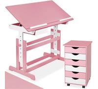 tectake® Mesa Escritorio Elevable con Cajonera de 6 Cajones, con Tablero Inclinable y Ajustable en 7 Alturas, Cajonera Escritorio para Oficina, Muebles, Mesa Infantil - 109 x 55 x 94 cm Fucsia