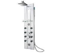 tectake Panel de Ducha, Fontanería de Baño, Ducha de Mano, HIdromasaje, Bandeja de Cristal, Espejo Integrado, Aluminio, Nuevo