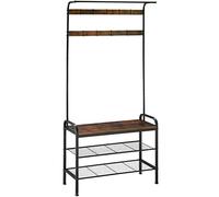 TecTake® Perchero Entrada Recibidor, Banco de Madera, Colgador de Ropa, Barra Perchero, Zapatero con Perchero, Dos Estantes, Mueble Zapatero - 85,5 x 36 x 184 cm Madera Industrial Oscura, Rústica