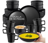 tectake® Servicio Combinado para 6 Personas, Juego Vajilla Estilo Urbano, Gres Esmalte, Lavavajillas y Microondas, Vajillas Completas Modernas, Cuencos Ceramica y Tazas - 30 Piezas Negro
