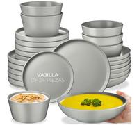 tectake® Servicio Combinado para 6 Personas, Juego Vajilla Estilo Urbano, Gres Esmalte, Lavavajillas y Microondas, Vajillas Completas Modernas, Cuencos Ceramica - 24 Piezas Gris