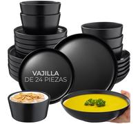 tectake® Servicio Combinado para 6 Personas, Juego Vajilla Estilo Urbano, Gres Esmalte, Lavavajillas y Microondas, Vajillas Completas Modernas, Cuencos Ceramica - 24 Piezas Negro