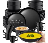 tectake® Servicio Combinado para 6 Personas, Juego Vajilla Estilo Urbano, Gres Esmalte, Lavavajillas y Microondas, Vajillas Completas Modernas, Cuencos Ceramica y Tazas - 30 Piezas Negro