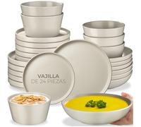 tectake® Servicio Combinado para 6 Personas, Juego Vajilla Estilo Urbano, Gres Esmalte, Lavavajillas y Microondas, Vajillas Completas Modernas, Cuencos Ceramica - 24 Piezas Gris Topo