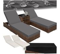 TecTake® Set 2 Tumbonas de Ratán y Aluminio + Mesa Jardín, Piscina, Playa - Respaldo Regulable, Resistente a Rayos UV, Fácil Limpieza, Fundas Intercambiables, Funda Protectora - Marrón