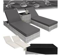 TecTake® Set 2 Tumbonas de Ratán y Aluminio + Mesa Jardín, Tumbonas Piscina Respaldo Regulable, Tumbonas Playa Resistente a la Intemperie, Fundas Intercambiables, Funda Protectora - Gris Claro