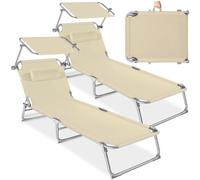 tectake® Set de 2 Tumbonas 190x68x111 cm, Plegable, Ajustable en 4 Posiciones, Resistente a Intemperie, Transpirable, con Toldo, Reposacabezas y Asa de Transporte, para Jardín y Piscina - Beige