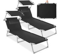 tectake® Set de 2 Tumbonas 190x68x111 cm, Plegable, Ajustable en 4 Posiciones, Resistente a Intemperie, Transpirable, con Toldo, Reposacabezas y Asa de Transporte, para Jardín y Piscina - Negro
