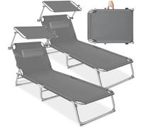 tectake® Set de 2 Tumbonas 190x68x111 cm, Plegable, Ajustable en 4 Posiciones, Resistente a Intemperie, Transpirable, con Toldo, Reposacabezas y Asa de Transporte, para Jardín y Piscina - Gris