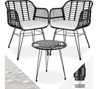 tectake® Set de 3 Piezas Jardín Exterior de Ratán y Acero, Resistentes a Intemperie, 2 Sillas con Capacidad de hasta 120 Kg y Patas Atornillables, 1 Mesa con Tablero de Vidrio de Seguridad - Natural