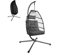 tectake® Columpio Jardín Exterior, Silla Colgante con Cojín Extragrueso, Sillón Balancín con Estructura de Acero y 4 Pies en Base, Hamaca Colgante Interior/Exterior, Plegable, Capacidad 160Kg - Gris