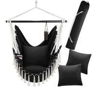 tectake® Silla Colgante Estilo Bohemio, Interior y Exterior, Cojines Extra Gruesos, con Compartimento y Posavasos, Carga 150kg, Incl. Bolsa Transporte, Columpio Jardín, Hamaca, Sillón Balancín - negro