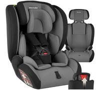 tectake® Silla de coche infantil con aprobación i-Size (ECE R129), protección lateral, anclaje, Top Tether, arnés de 5 puntos, reposacabezas ajustable, de 76 cm a 150 cm - gris oscuro/negro