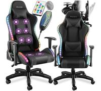 tectake® Silla de Gaming Ergonómica, Respaldo Reclinable, Iluminación LED | Función de Masaje, Funda de Polipiel, Cojín Cervical y Lumbar Extraíbles, Giratoria 360°, Mecanismo Basculante, Negro