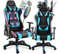 tectake® Silla de Gaming Ergonómica, Respaldo Reclinable, Iluminación LED | Función de Masaje, Funda de Polipiel, Cojín Cervical y Lumbar Extraíbles, Giratoria 360°, Mecanismo Basculante, Celeste