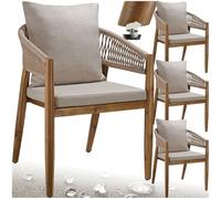 tectake® Silla de Jardín Elegante de Madera Acacia, Respaldo de Cuerda, Sillas Jardin Exterior, Cojines Desmontables, Muebles Terraza Exterior, Silla con Reposabrazos Cómoda - Set de 4 Arena