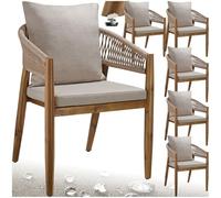 tectake® Silla de Jardín Elegante de Madera Acacia, Respaldo de Cuerda, Sillas Jardin Exterior, Cojines Desmontables, Muebles Terraza Exterior, Silla con Reposabrazos Cómoda - Set de 6 Arena