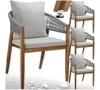 tectake® Silla de Jardín Elegante de Madera Acacia, Respaldo de Cuerda, Sillas Jardin Exterior, Cojines Desmontables, Muebles Terraza Exterior, Silla con Reposabrazos Cómoda - Set de 4 Beige Grisáceo